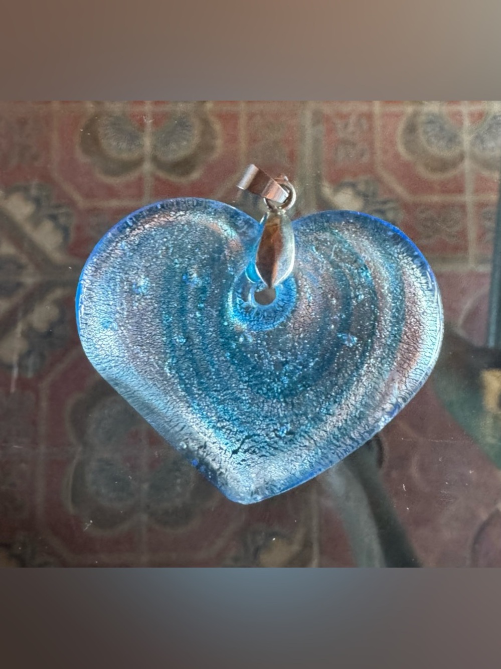 Vintage Art Glass Heart Artist Made Beautiful Blues and Silvers Large Pendant